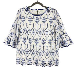 Sundance Palmera Embroidered Eyelet Top Ruffle Bell Sleeve Blue White